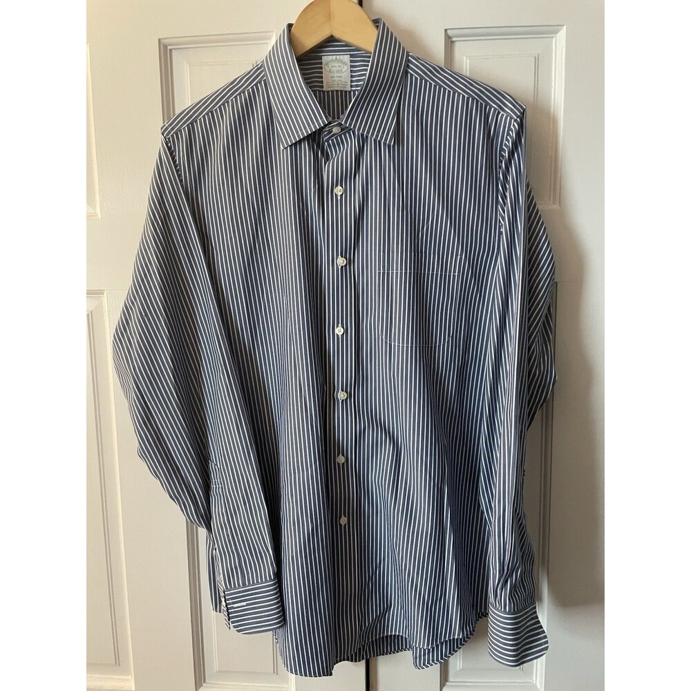 Brooks Brothers Milano Fit Shirt Mens 16.5 35 Blue White Stripe Supima Stretch - Picture 2 of 6